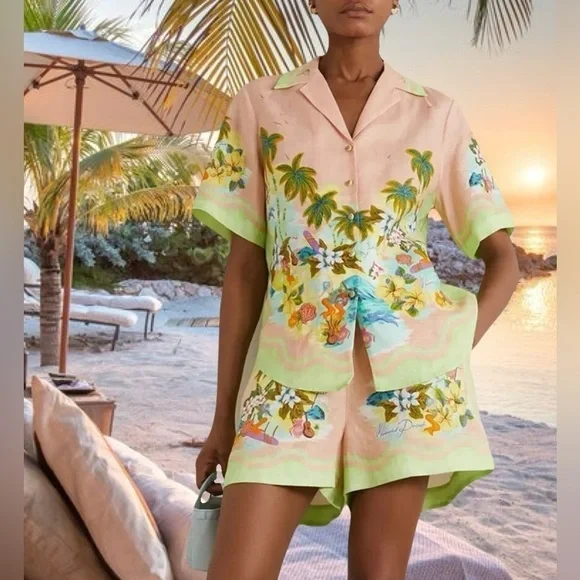 Cocomo Island Loose Fit Casual Shorts Set Single-Breasted Tropical Top - Picture 1 of 16